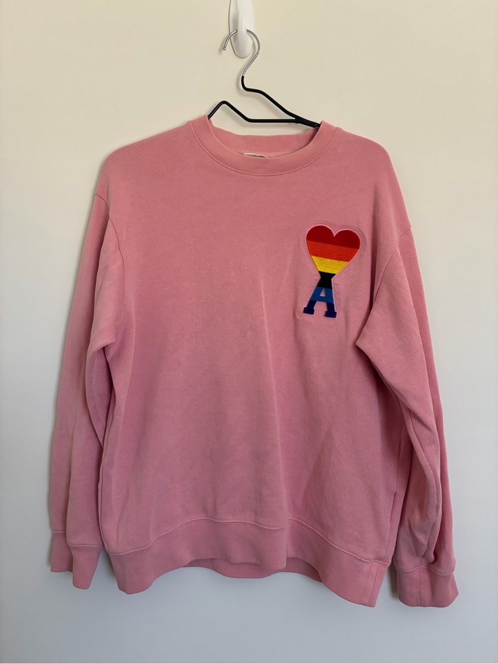 AMI Pink Crewneck Sweatshirt with Rainbow Heart Patch size medium
